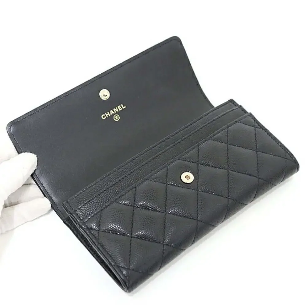 CHANEL Authentic Black Caviar Leather Logo Wallet
